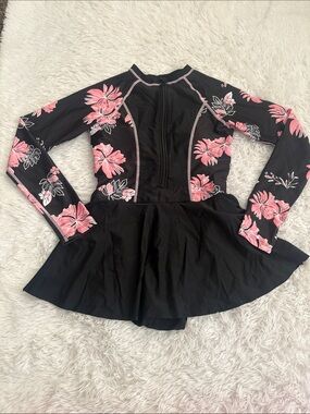 NEW Zando Floral Print Long Sleeve One Piece Zip Front Swimsuit Dress Size S